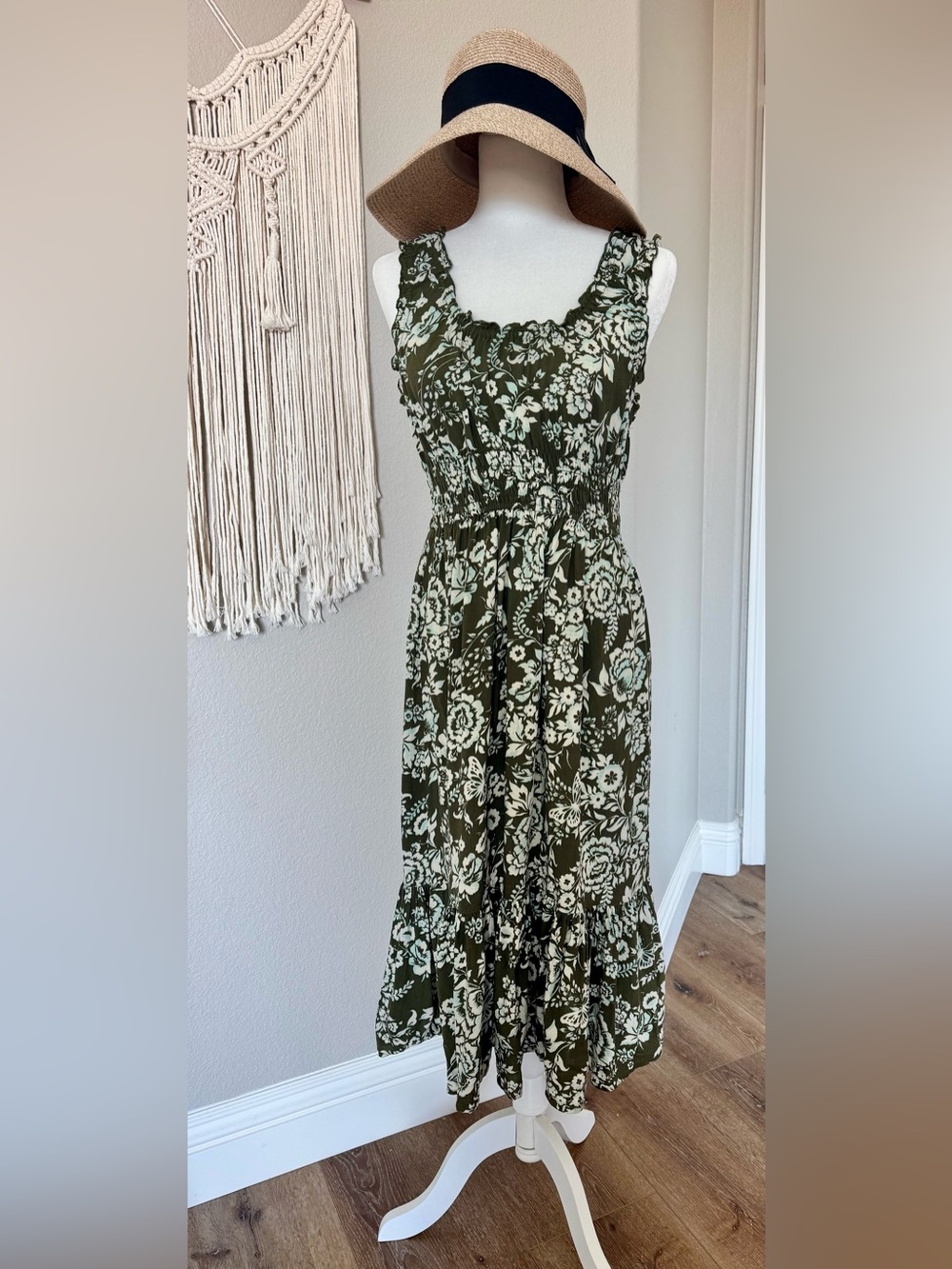 Patrons of Peace Olive Green & Cream Floral Maxi Dress